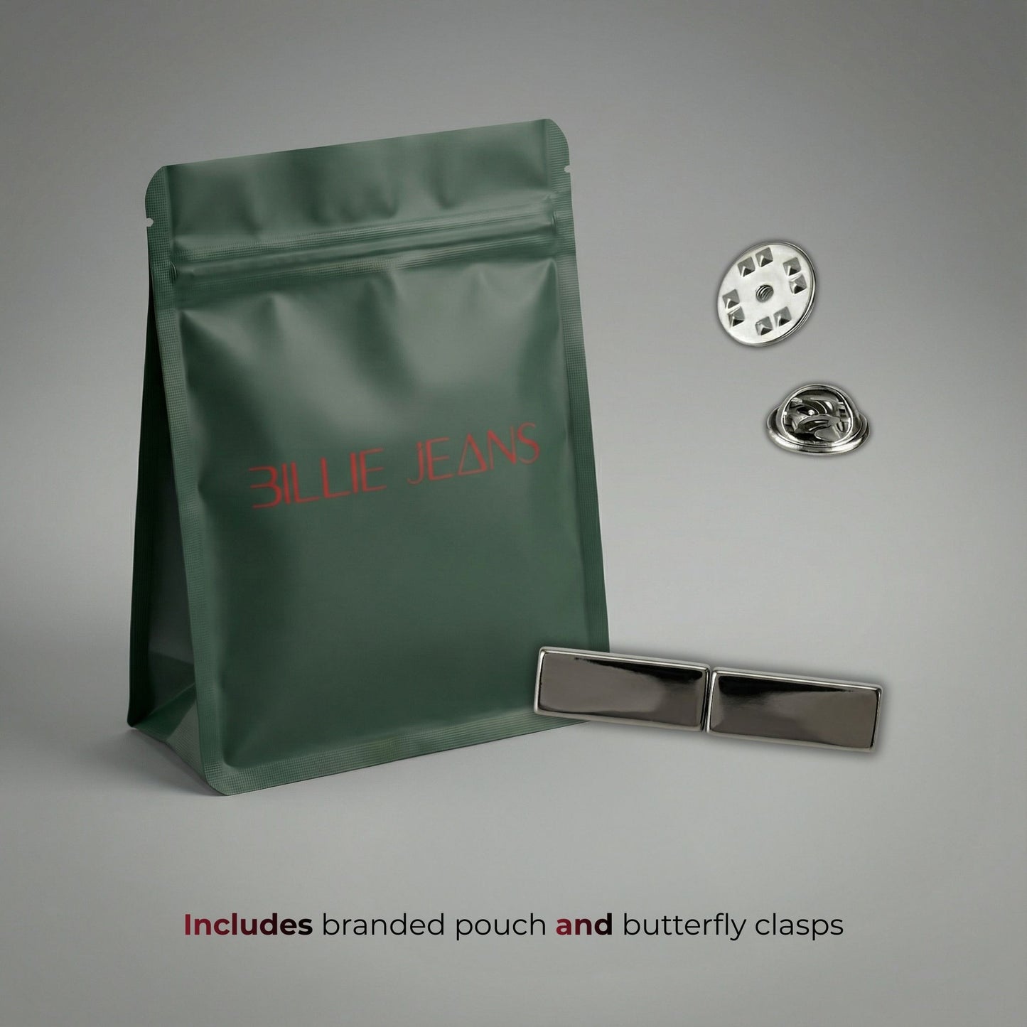 Green branded pouch with butterfly clasps on a gray background