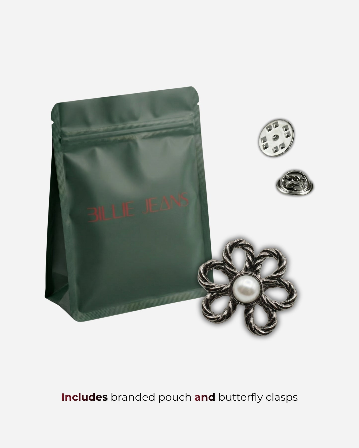 Green pouch with flower-shaped clasp and two additional clasps on a plain background.