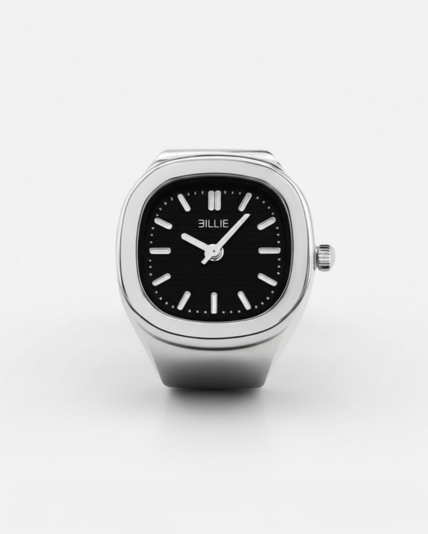 Silver watch with a black face and white hour markers on a plain background.
