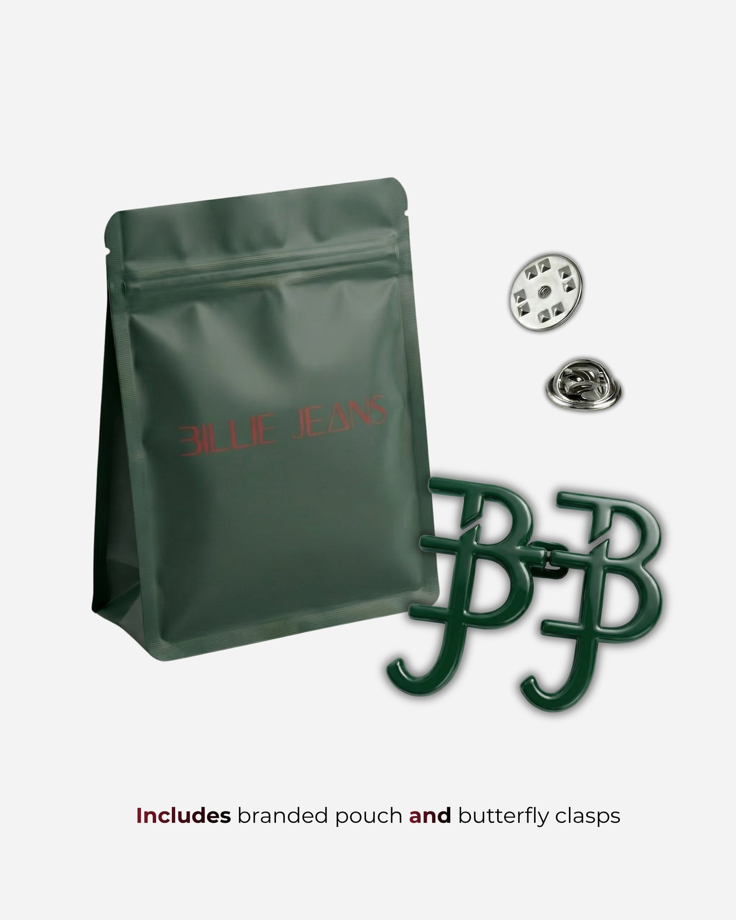 Green pouch with logo, two green clasps, and two metal pieces on a plain background.