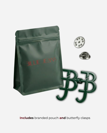 Green pouch with logo, two green clasps, and two metal pieces on a plain background.