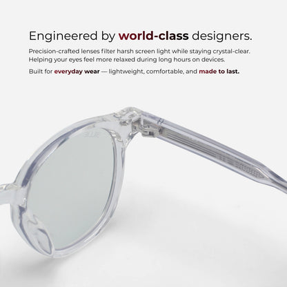Sunglasses with text about world-class design and screen light filtering on a white background