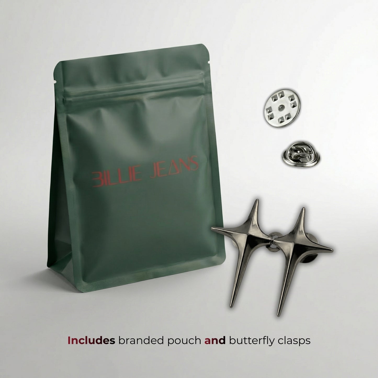 Green branded pouch with butterfly clasps on a light gray background