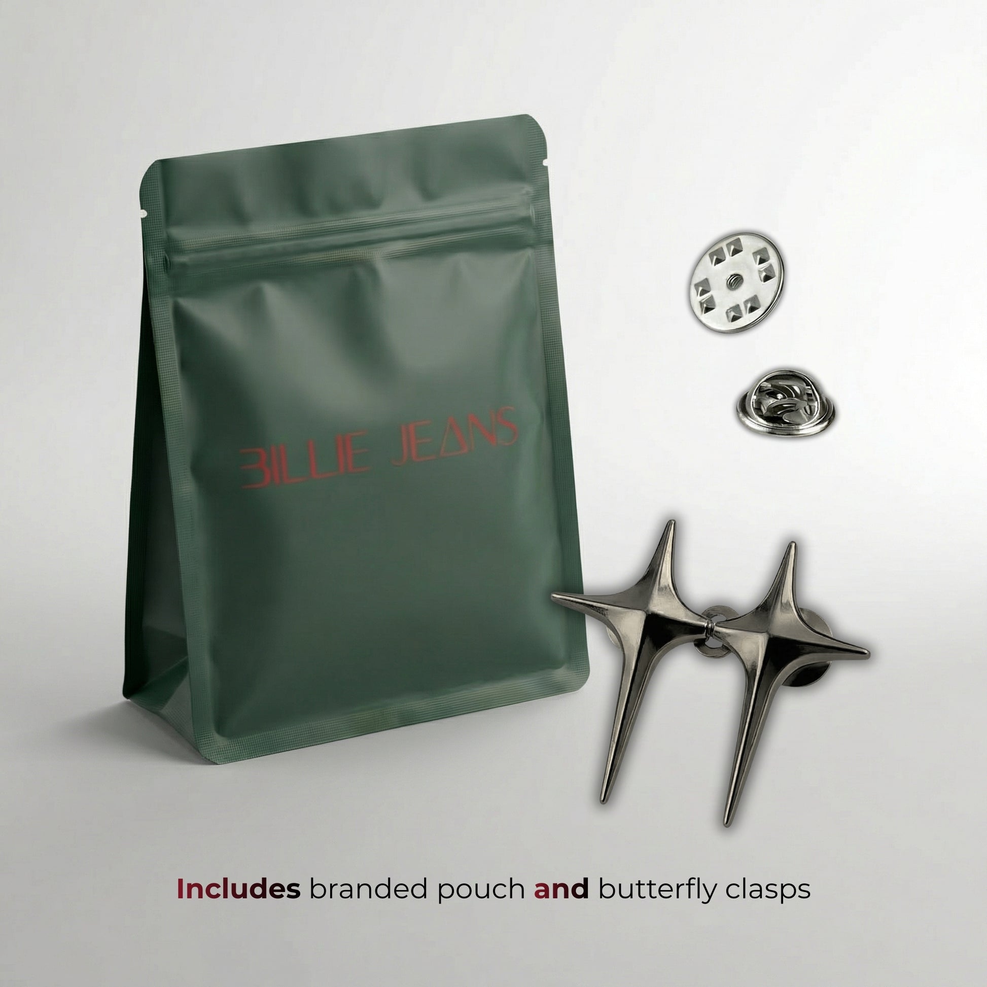 Green branded pouch with butterfly clasps on a light gray background