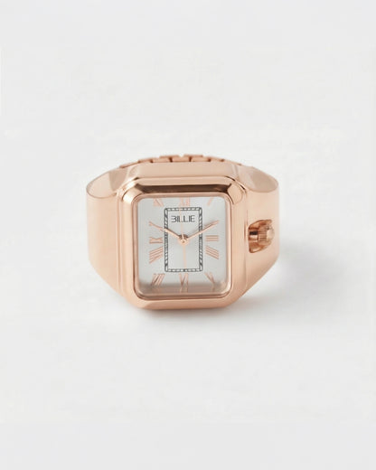 Rose gold watch with rectangular face and Roman numerals on a plain background.