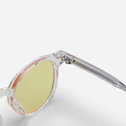 Blue light glasses with a clear frame and yellow-tinted lenses on a white background