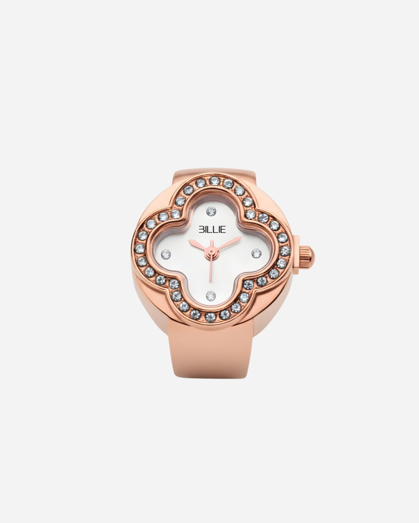 Rose gold watch with a white face and crystal accents in a floral shape.