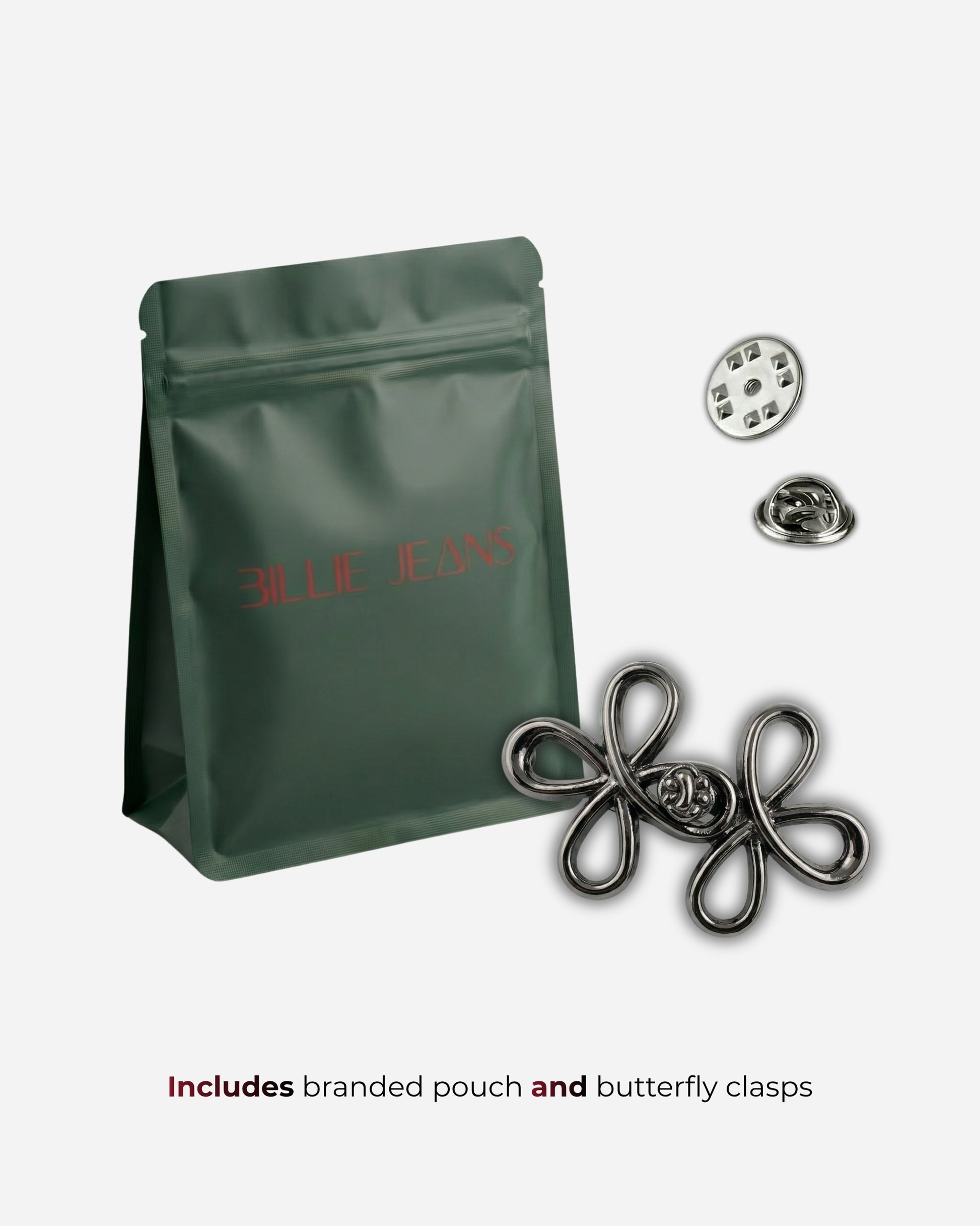 Green pouch with silver clasps and buttons on a plain background.