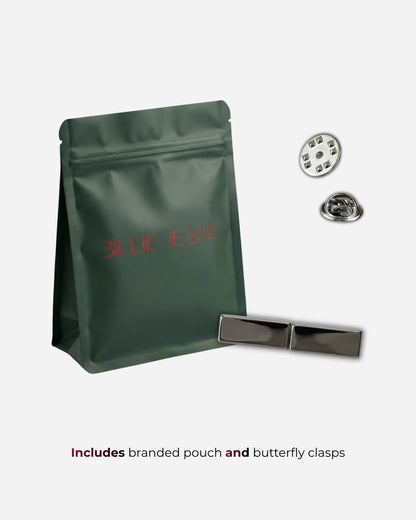 Green pouch with silver clasps and buttons on a plain background.