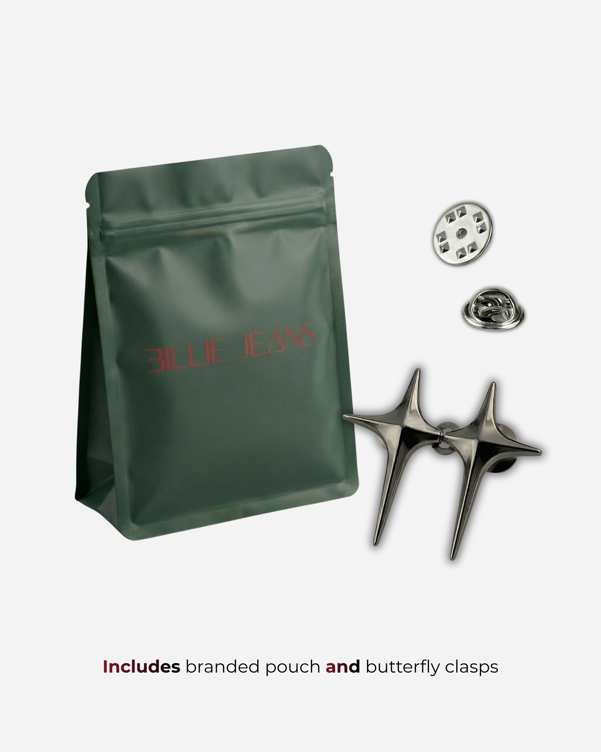 Green pouch with branded text and metal clasps on a plain background.