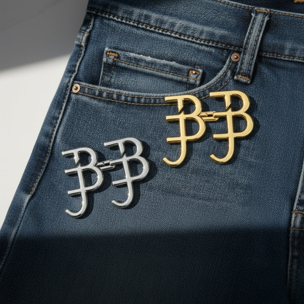 Two brooches with 'BB' logo on a denim background