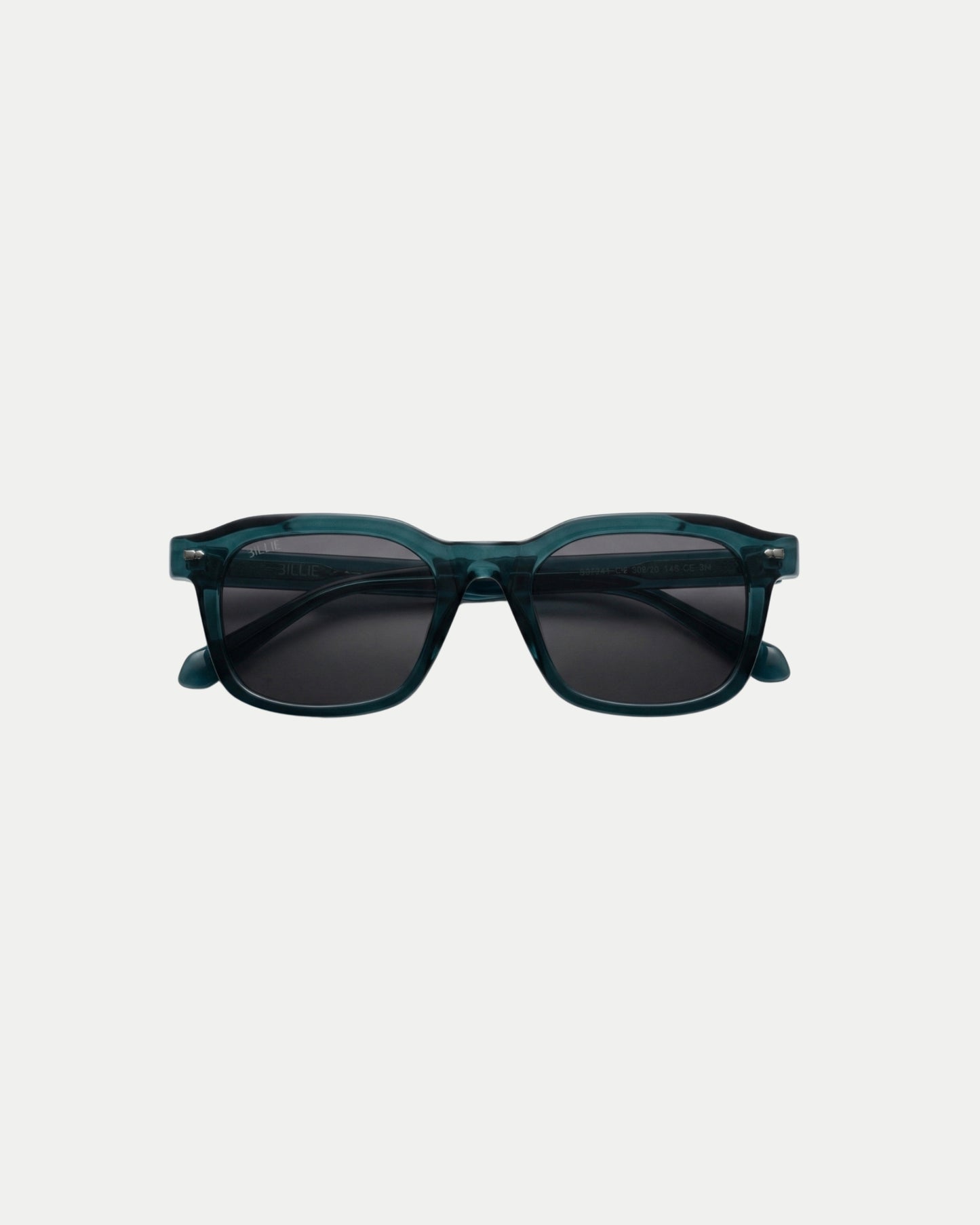Teal sunglasses with dark lenses on a plain background