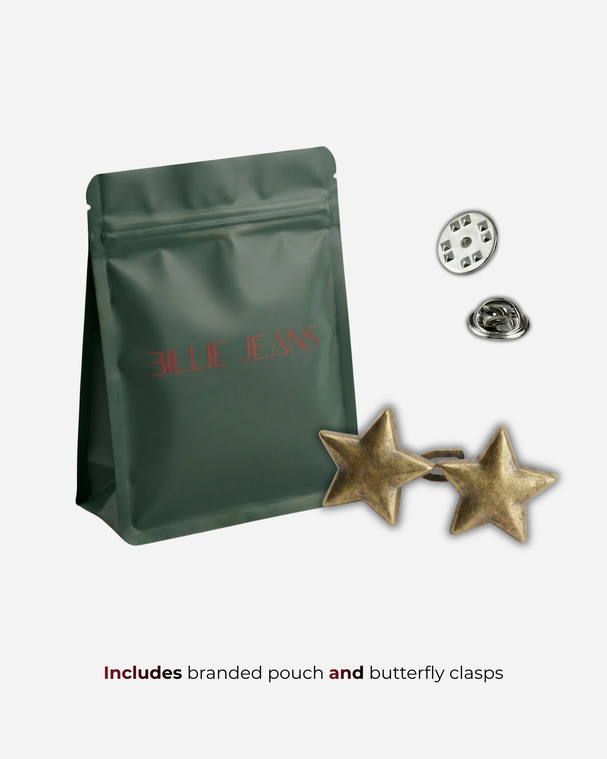 Green pouch with star-shaped earrings and clasps on a light background.