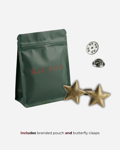 Green pouch with star-shaped earrings and clasps on a light background.