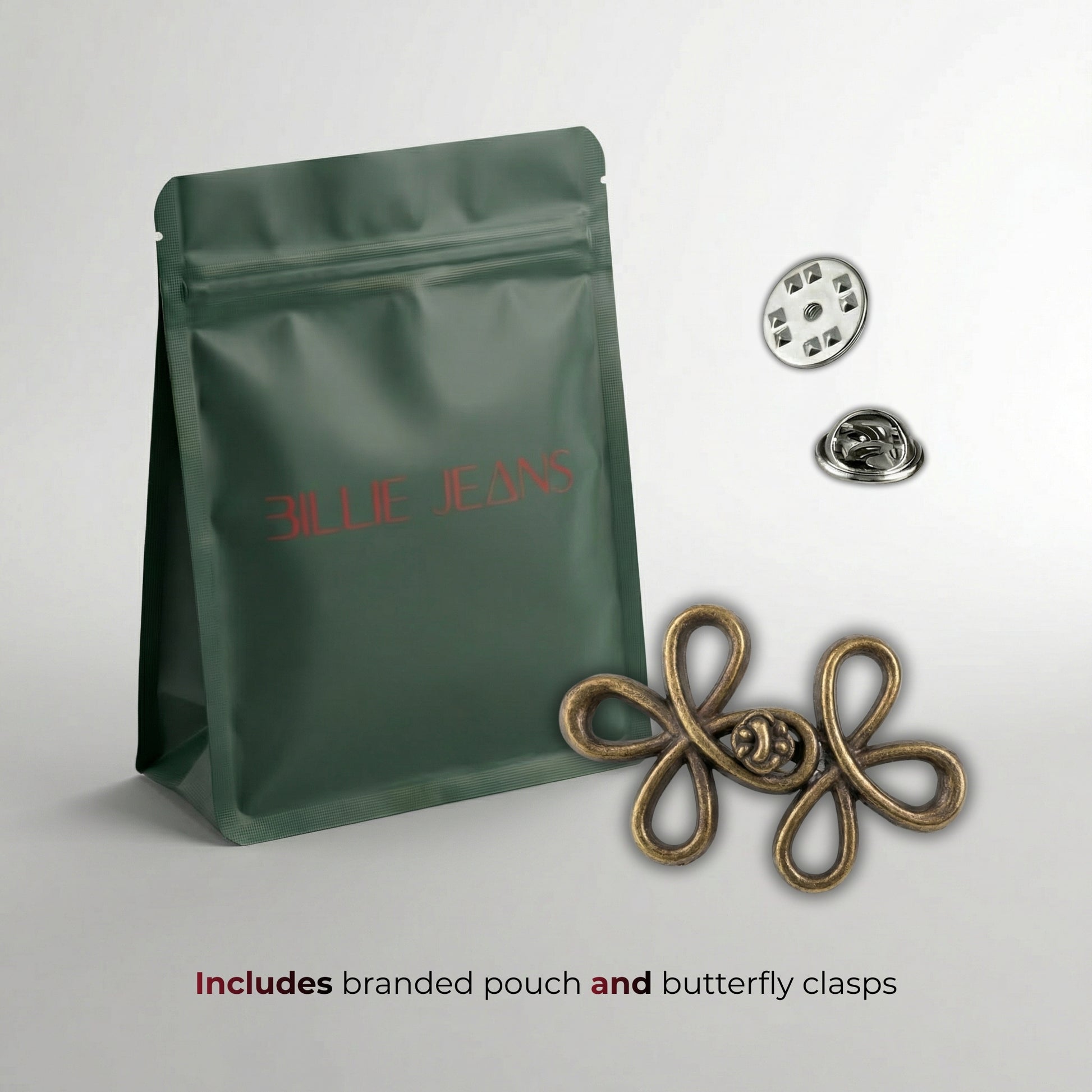 Green branded pouch with butterfly clasps on a light gray background