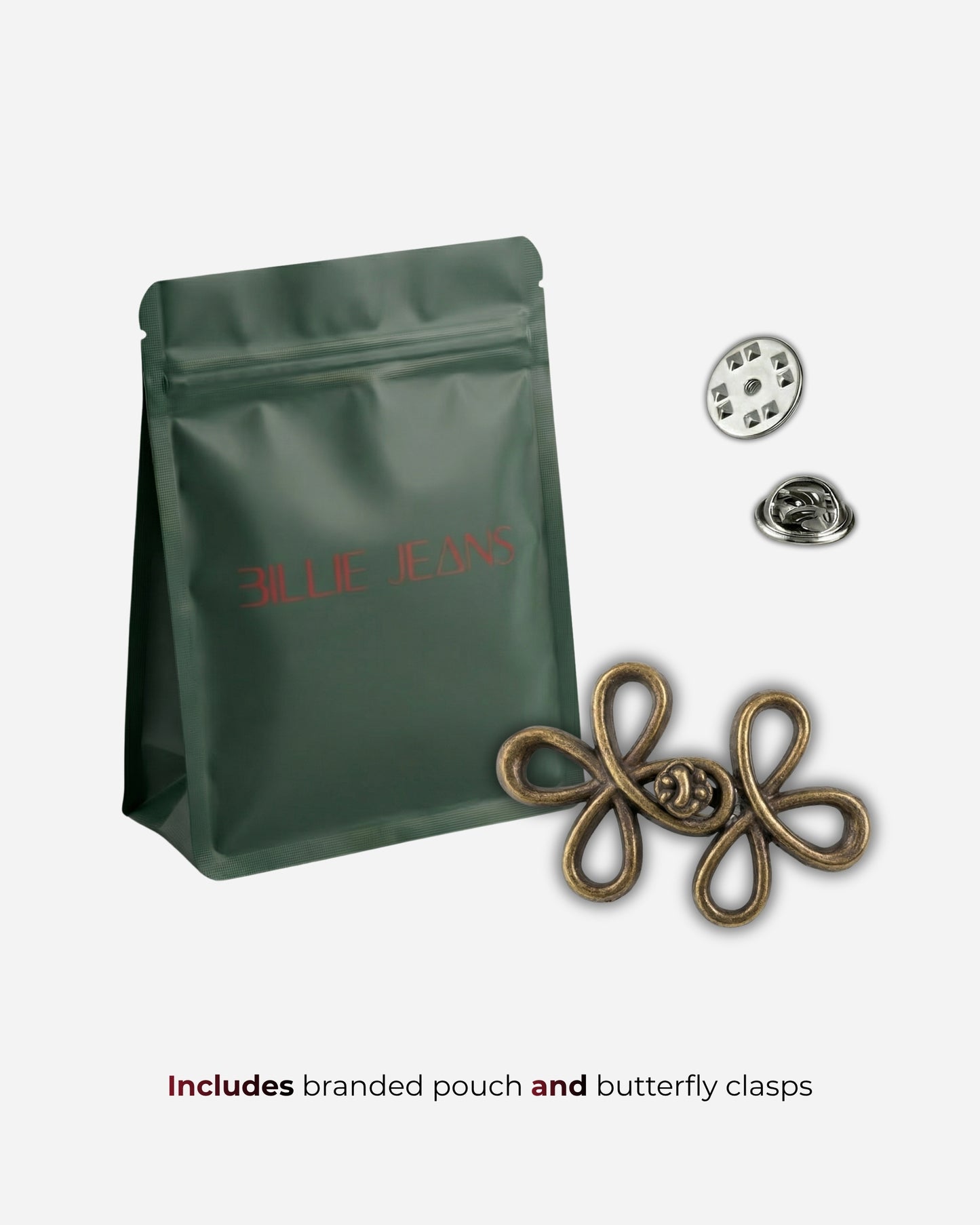 Green pouch with a logo, decorative clasp, and two butterfly clasps.