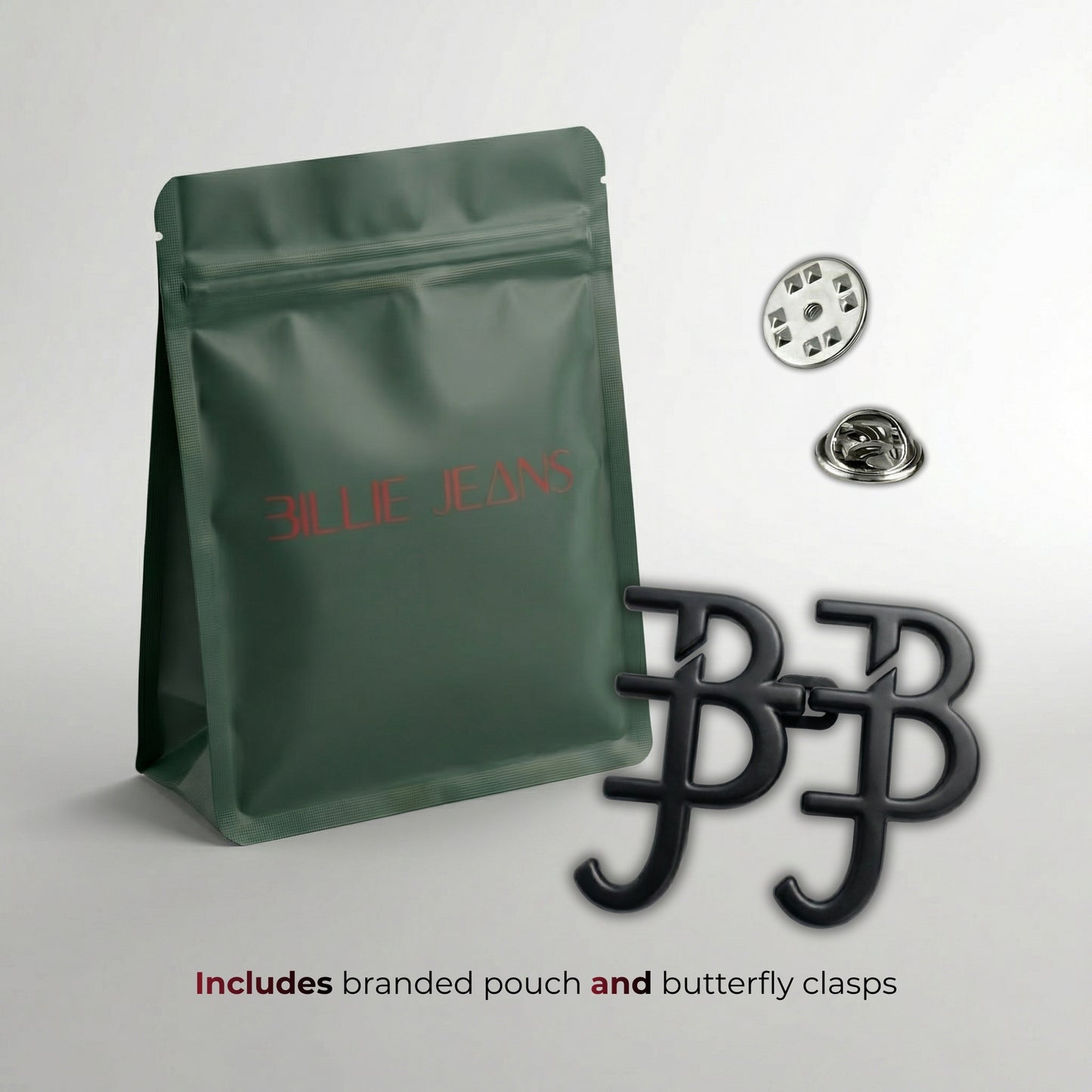 Green branded pouch with butterfly clasps on a light gray background