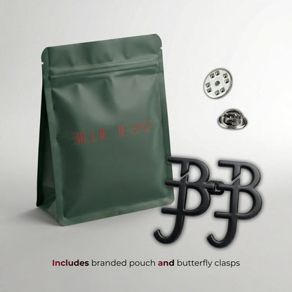 Green branded pouch with butterfly clasps on a light gray background