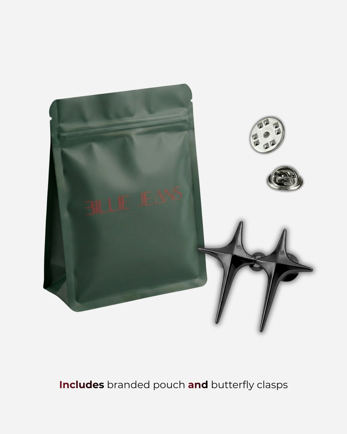 Green pouch with red text, two metal clasps, and two circular pieces.