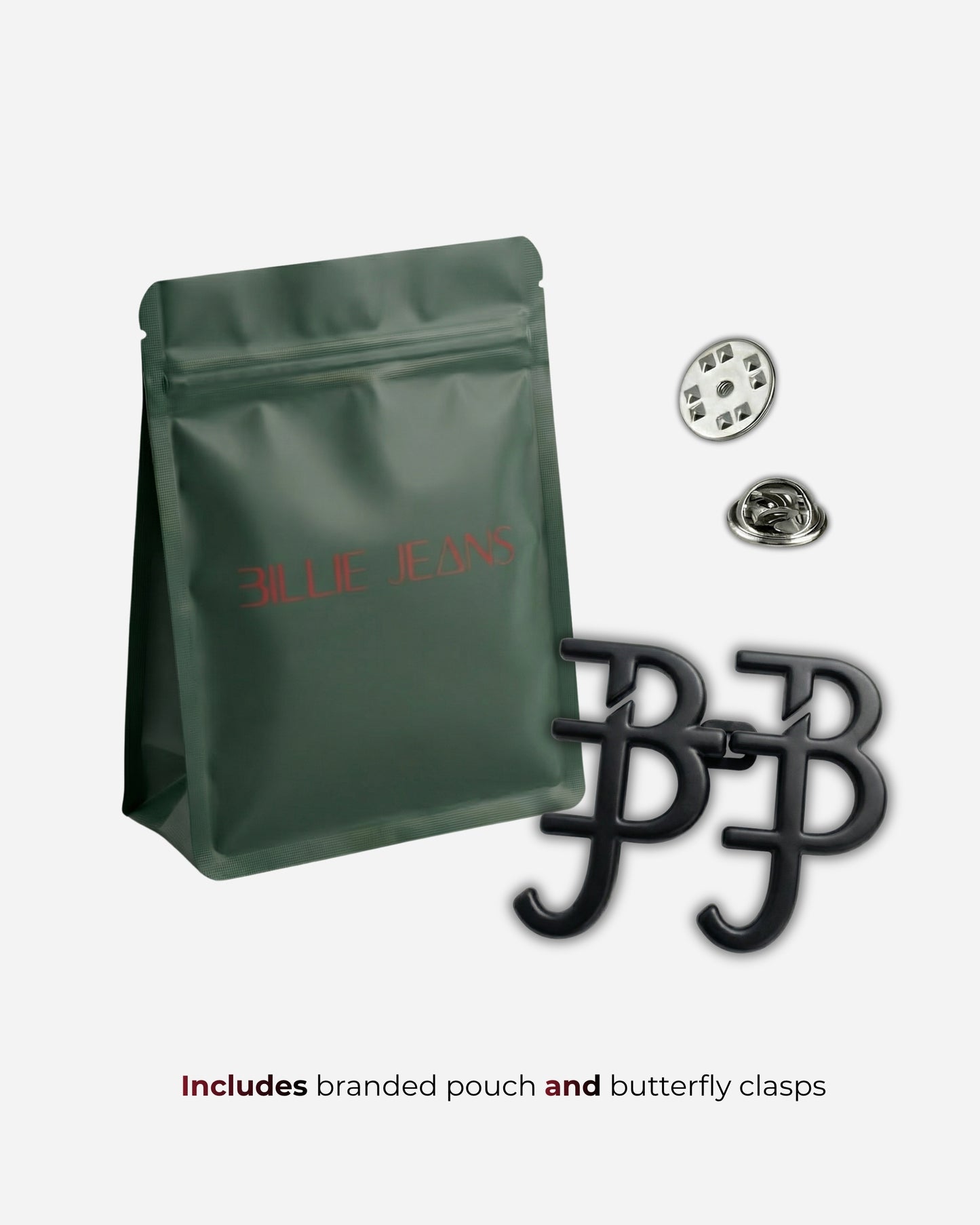 Green pouch with logo and two butterfly clasps on a plain background.