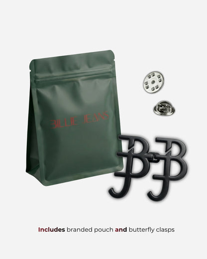 Green pouch with logo and two butterfly clasps on a plain background.