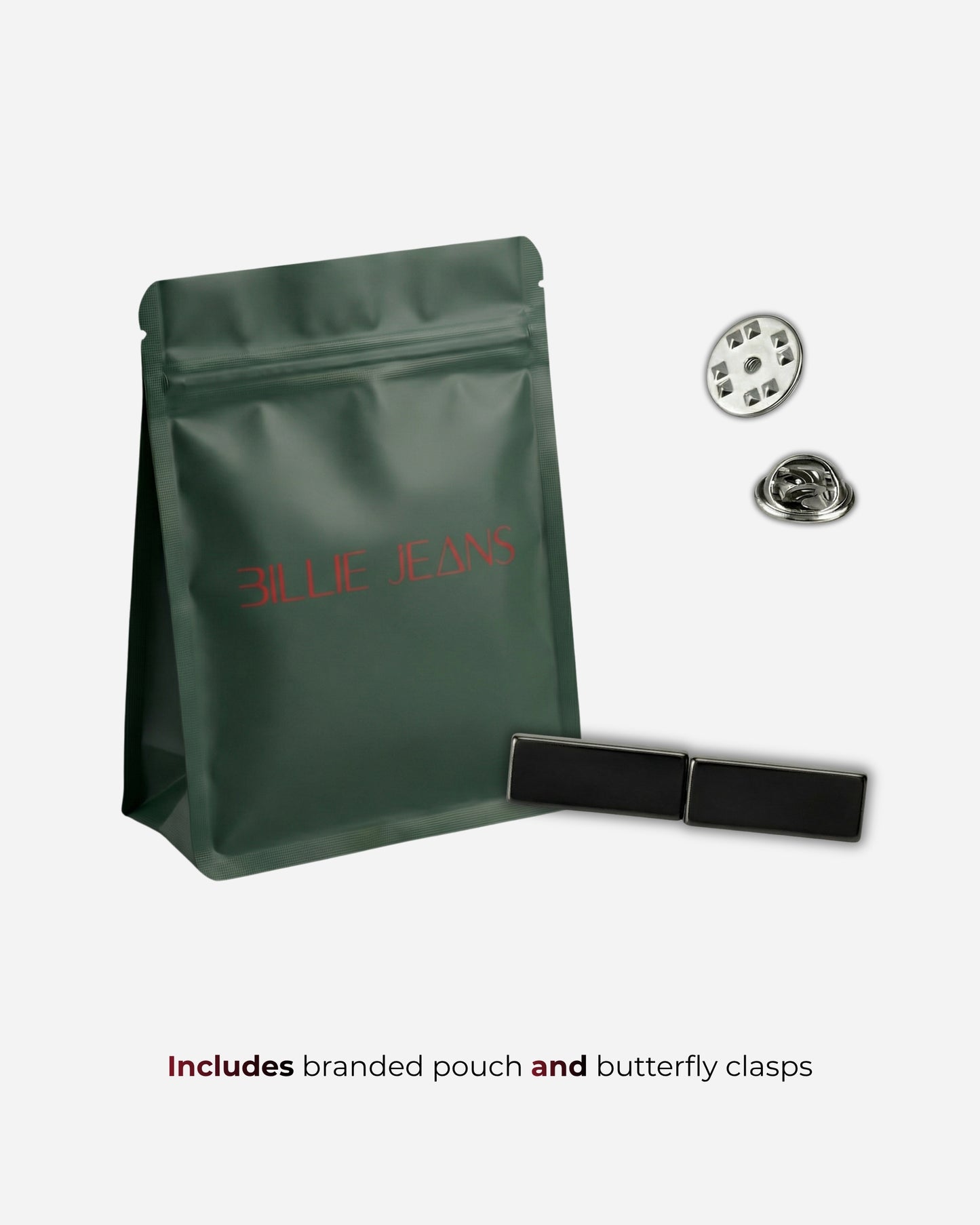 Green pouch with text, two black clasps, and two metal buttons on a plain background.