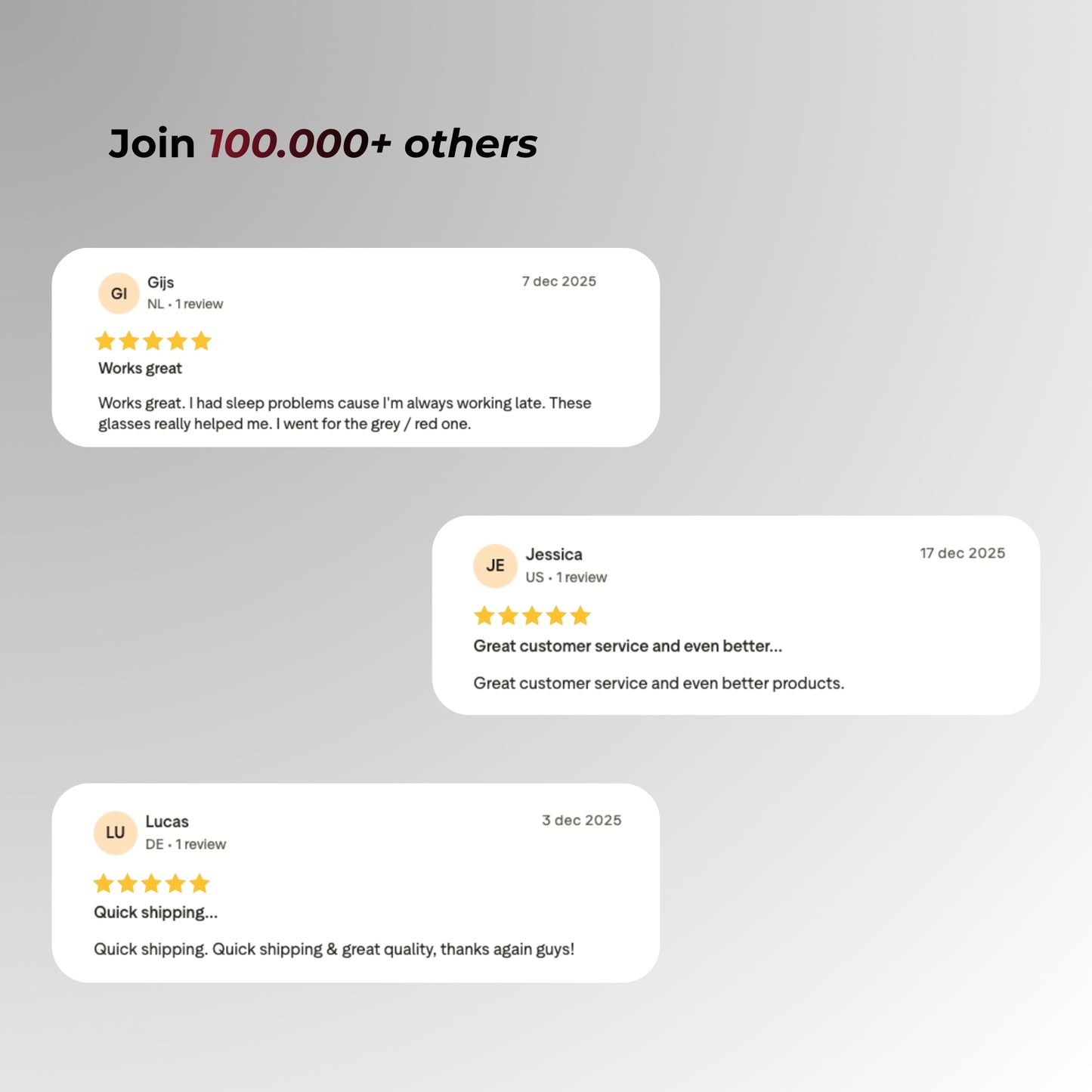Product reviews with user names and dates on a gray background