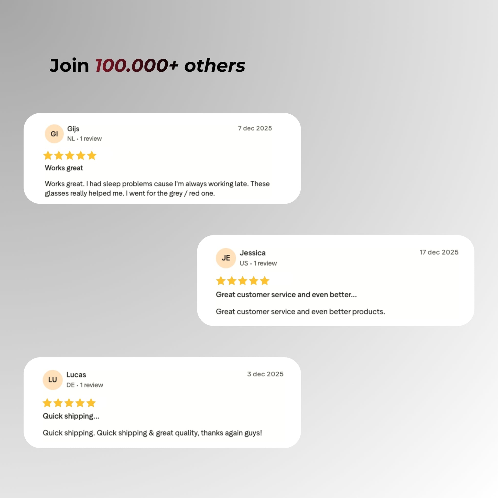 Product reviews with user names and dates on a gray background