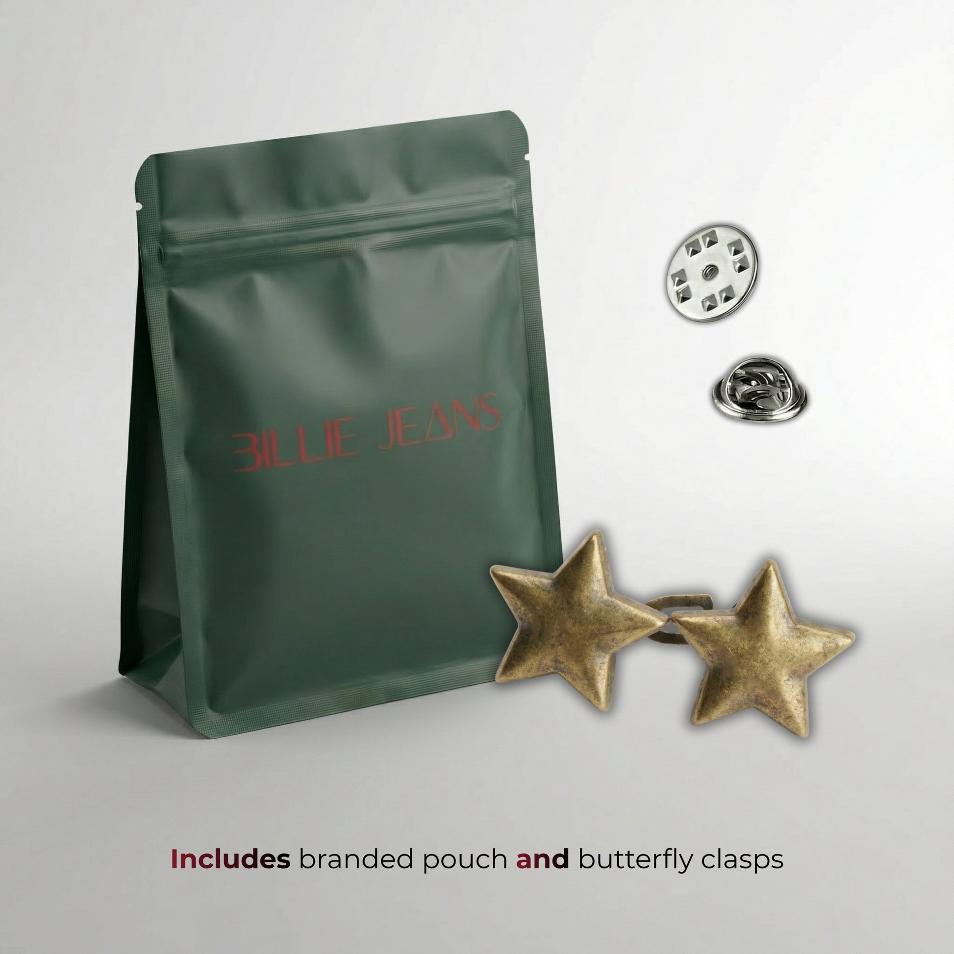 Green branded pouch with star-shaped earrings and butterfly clasps on a light gray background