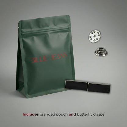 Green branded pouch with butterfly clasps on a gray background