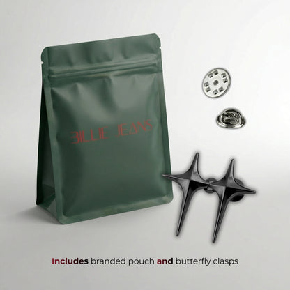 Green branded pouch with butterfly clasps on a light gray background
