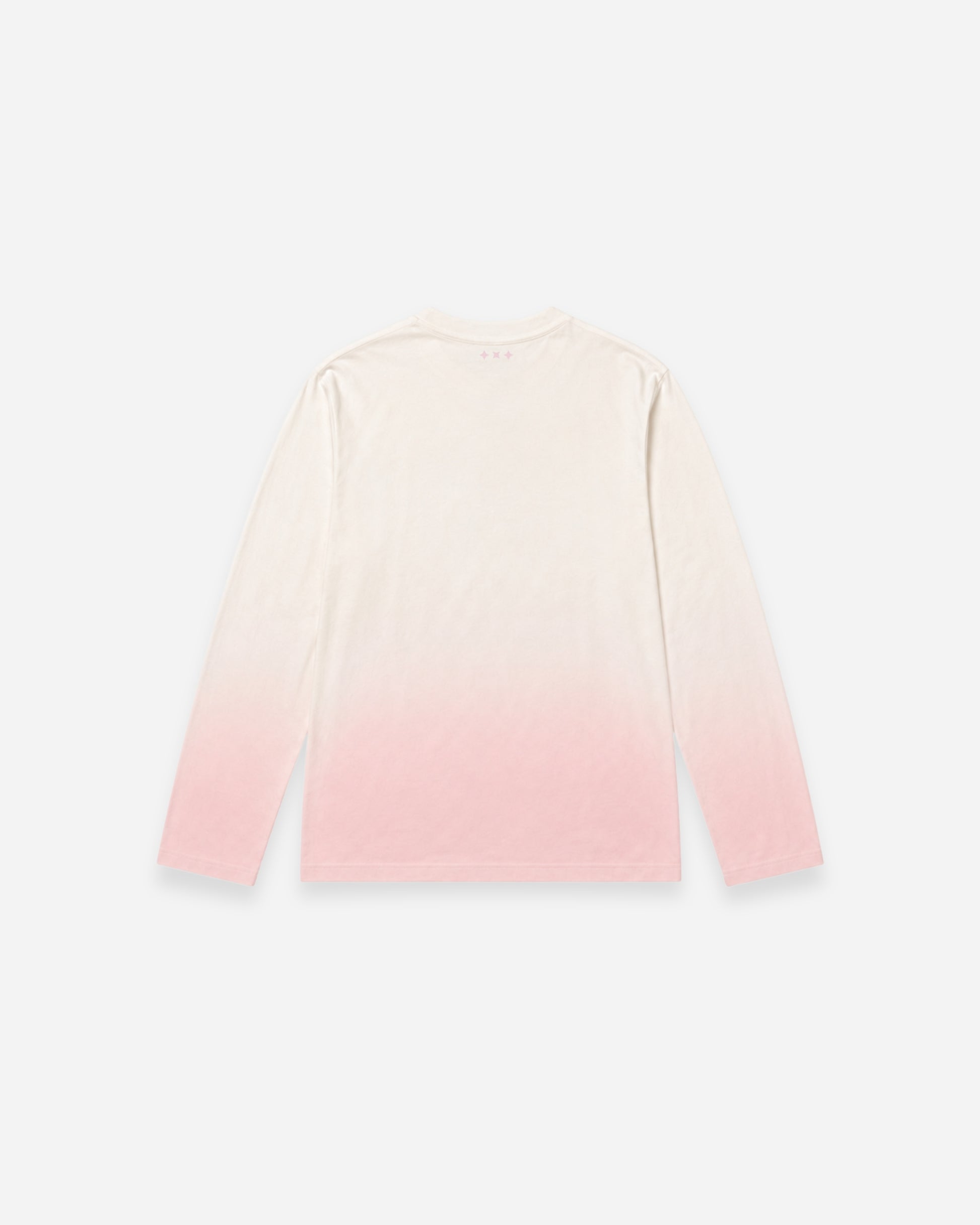 Back view of a long-sleeve shirt with a gradient from white to pink.