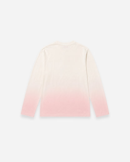 Back view of a long-sleeve shirt with a gradient from white to pink.