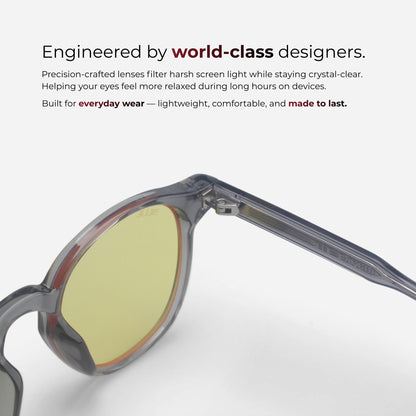 Sunglasses with text about world-class design and screen light filtering on a white background