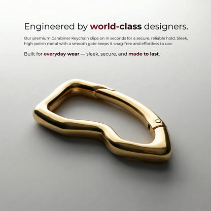 Gold carabiner keychain on a gray background with text about world-class designers and everyday wear.
