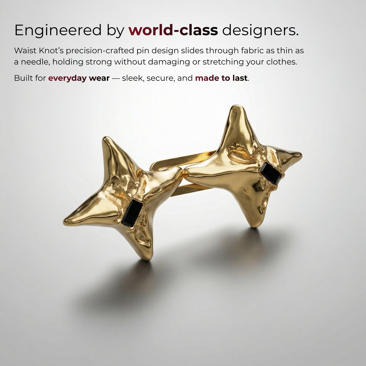 Gold waist knot on a light gray background with text about world-class designers and product features.