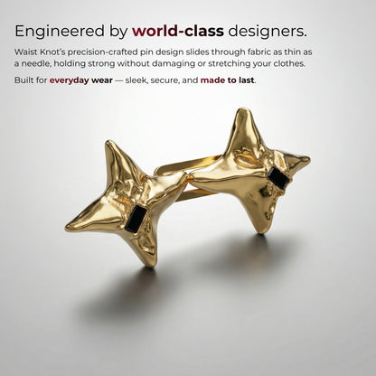 Gold waist knot on a light gray background with text about world-class designers and product features.