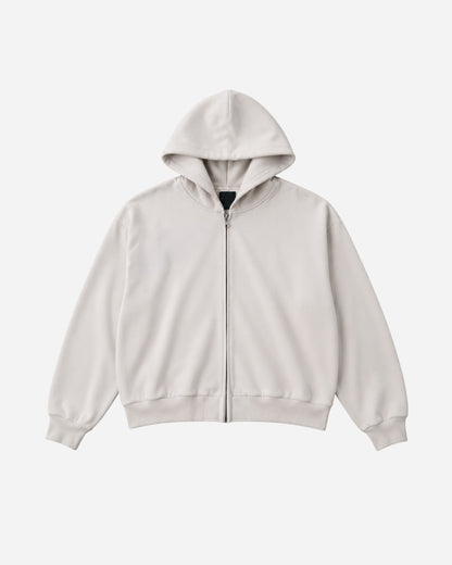 Light gray zip-up hoodie with a hood, displayed on a plain background.