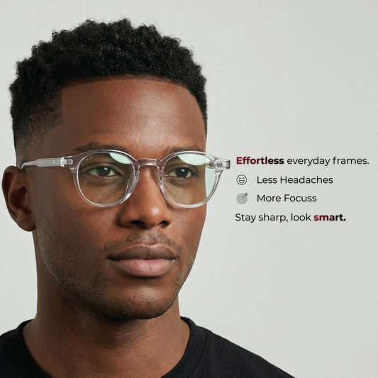 Man met bril met promotietekst op een grijze achtergrond