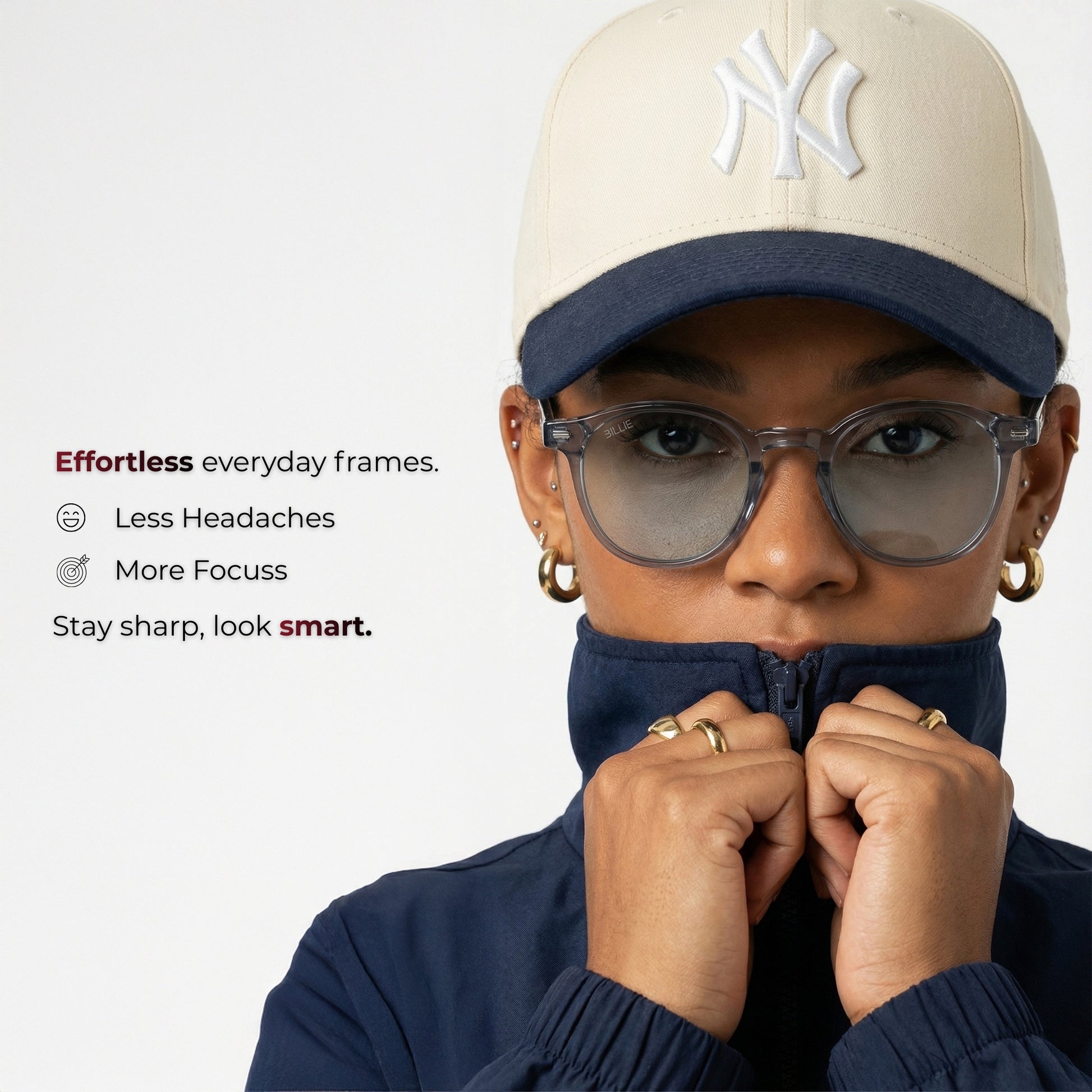 Person wearing glasses, cap, and coat with promotional text on a white background
