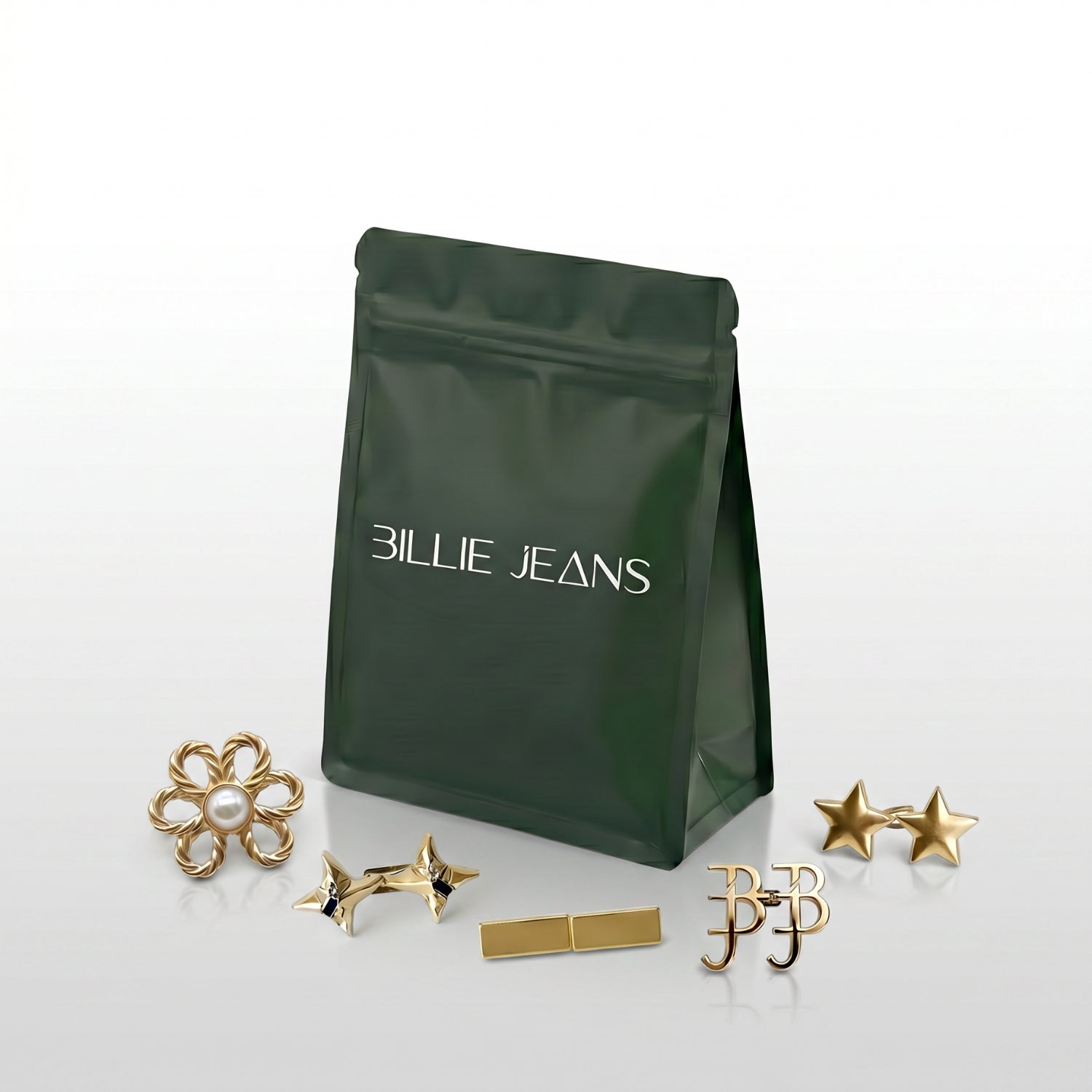 Billie Jeans dark green branded pouch with gold pin collection including flower pearl, star, bar and BJ monogram designs