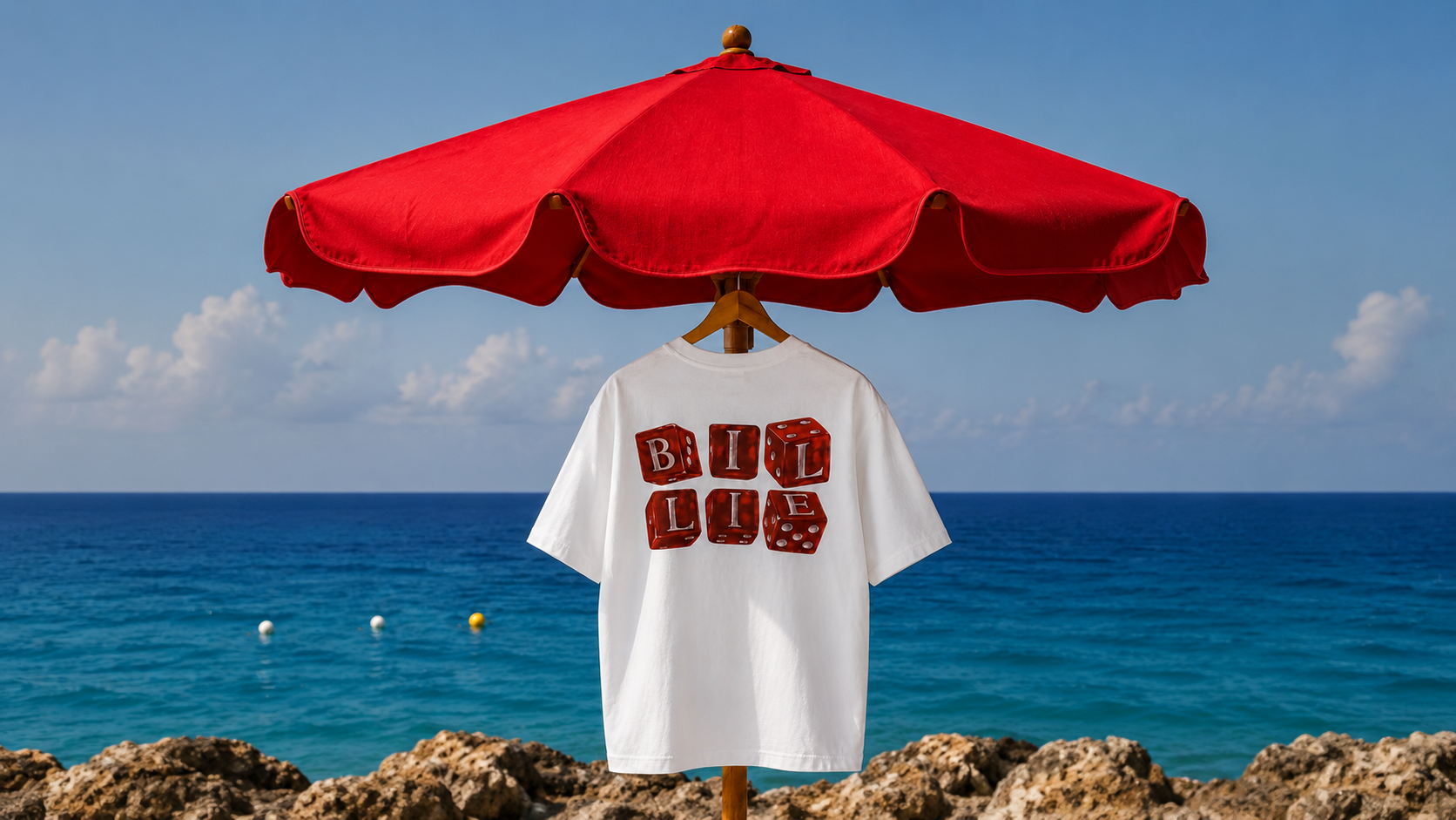 White t-shirt hanging under a red umbrella by the sea
