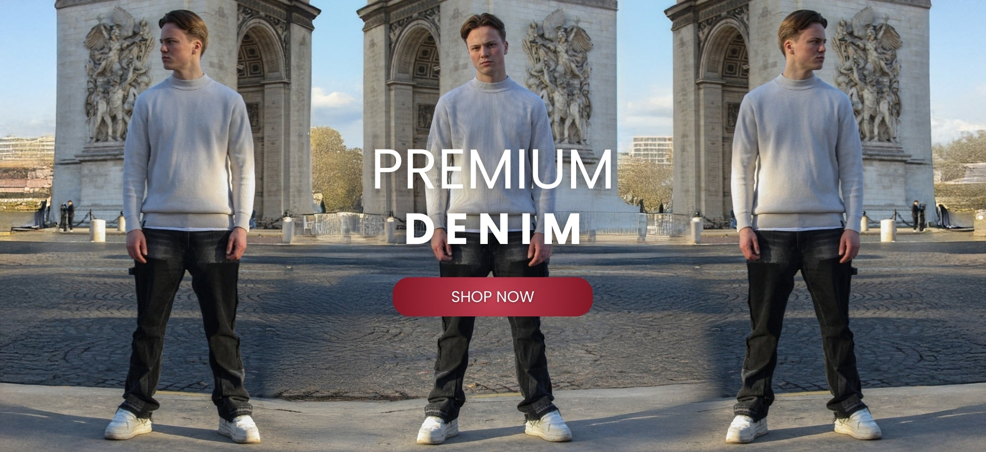 Three identical men in gray sweaters and black jeans standing in front of a historical arch structure with 'Premium Denim' text and 'Shop Now' button.