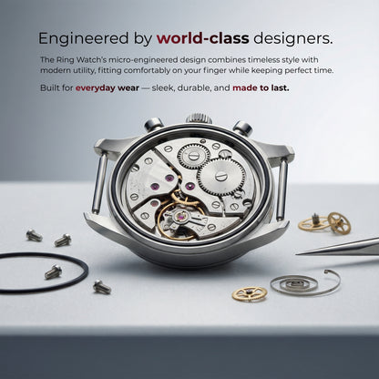 Close-up of a watch mechanism with text about world-class design and durability.