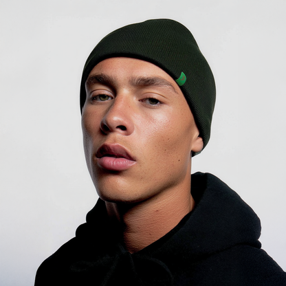 Person wearing a green beanie with a logo on a white background