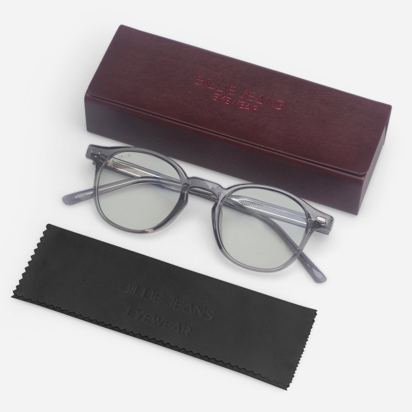 Round eyeglasses with a dark case on a white background