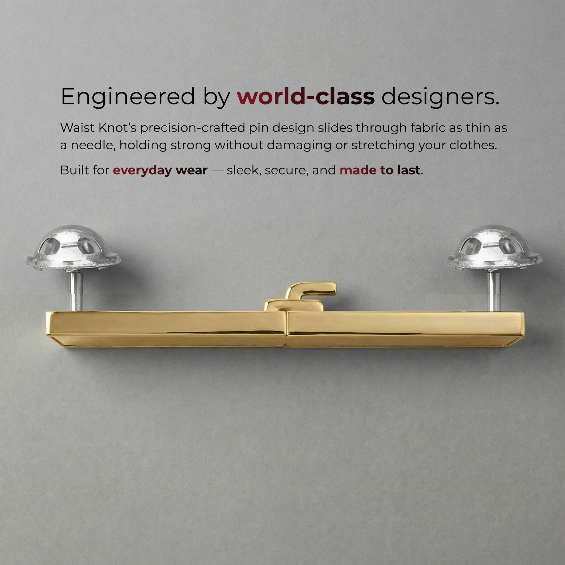 Gold waist knot with text about world-class designers on a gray background