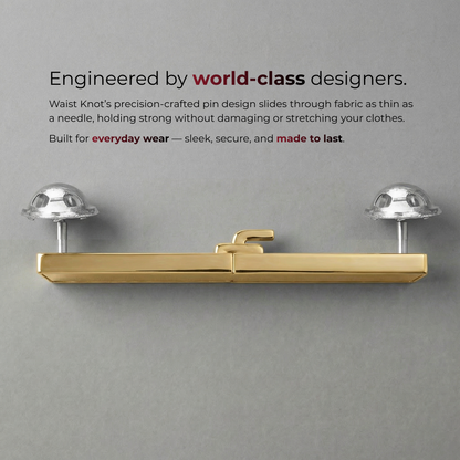 Gold waist knot with text about world-class designers on a gray background