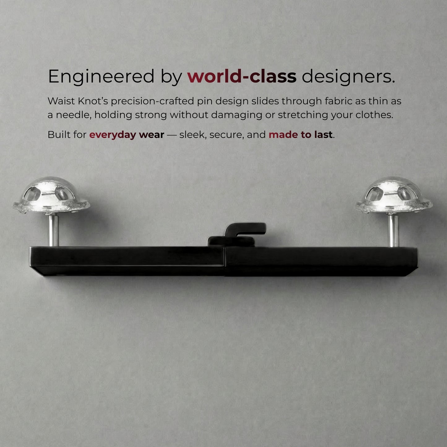 Black shelf with metallic brackets on a gray background, featuring text about world-class designers and product features.
