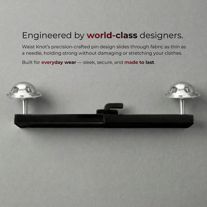 Black shelf with metallic brackets on a gray background, featuring text about world-class designers and product features.
